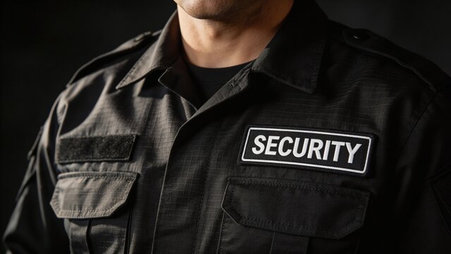 A security guard in a black uniform with a security patch on the chest, conveying a sense of protection and safety.