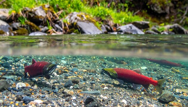 Wild salmon pair spawning in clear riverbed with natural gravel and sunlight
