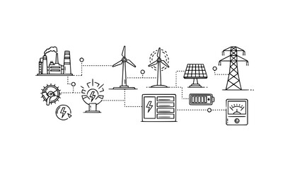 Obraz premium Connected energy system line icons vector power supply crisis and renewable infrastructure outline collection isolated on white