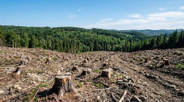 Deforestation landscape with tree stumps and green forest background