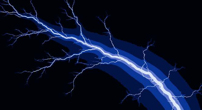 Electric lightning bolt vector on dark background, glowing blue thunder and energy beam illustration with branching sparks, dramatic storm power concept for posters, banners and UI