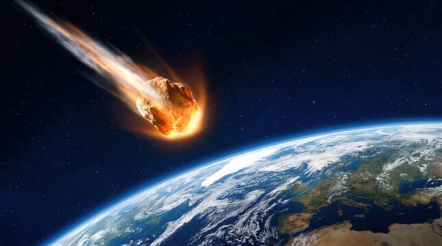 Asteroid burning as it enters Earth atmosphere. Glowing meteor trail falling towards planet surface. Space debris colliding with world. Cosmic disaster, global threat and astronomical science concept