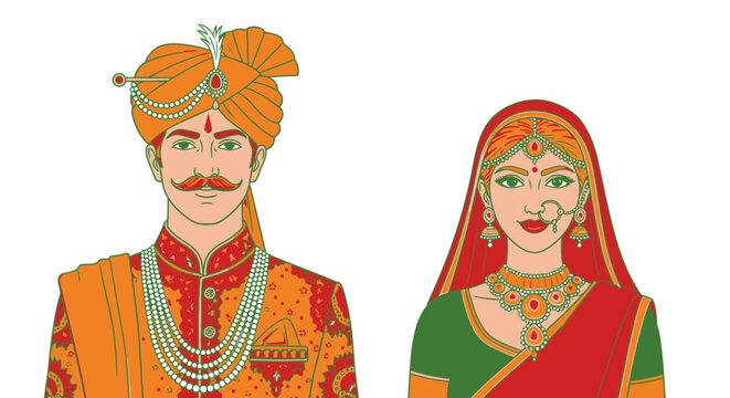 Traditional Indian wedding couple portrait vector illustration, colorful bride and groom in ornate ethnic attire, flat folk art style characters for invitation design and cultural decor