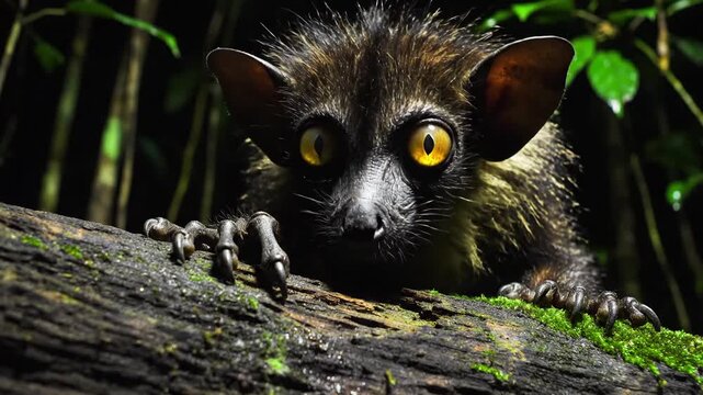 Aye-aye primate foraging for food in a dark forest setting