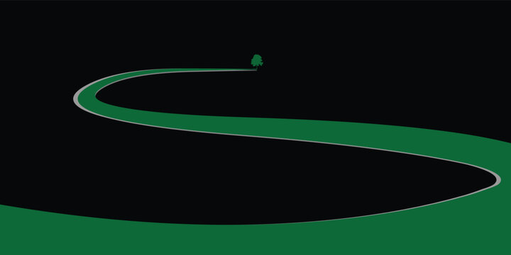 A winding green path on a dark background leading to a small tree, symbolizing a journey or connection to nature.