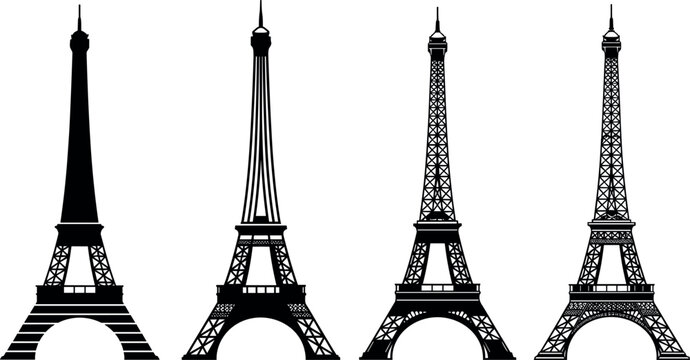 Eiffel Tower vector silhouettes set featuring multiple styles, Paris iconic landmark illustrations, detailed and minimal architectural design collection isolated