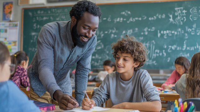 close up teacher helping student with mathematics in classroom, back to school and education concept