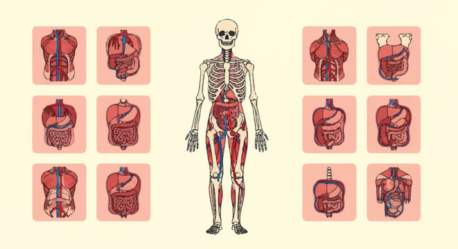 Human Anatomy Illustration Showing Skeleton and Organs.