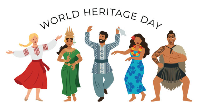 Vector of a group of people from various countries dancing traditional dances to celebrate "World Heritage Day" 007