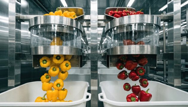 Yellow bell pepper and red pepper sorted by food technology machine in factory