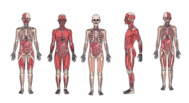 Anatomical illustration of human muscular and skeletal systems from multiple views.