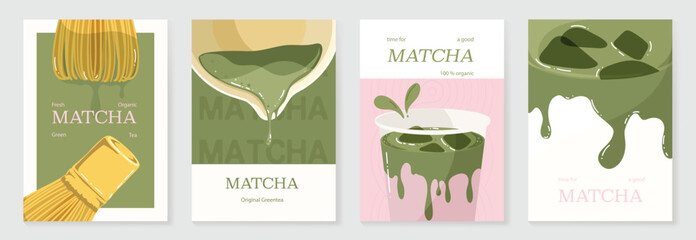 Fototapeta premium Matcha poster vector set with green tea cup, whisk, teapot and iced drink in retro pastel design. Suitable for cafe menu, wall art, beverage promotion and packaging.