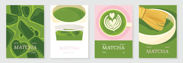 Fototapeta premium Matcha poster vector set with green tea cup, whisk, teapot and iced drink in retro pastel design. Suitable for cafe menu, wall art, beverage promotion and packaging.