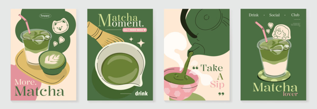 Matcha poster vector set with green tea cup, whisk, teapot and iced drink in retro pastel design. Suitable for cafe menu, wall art, beverage promotion and packaging.