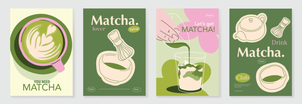 Matcha poster vector set with green tea cup, whisk, teapot and iced drink in retro pastel design. Suitable for cafe menu, wall art, beverage promotion and packaging.