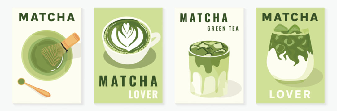 Matcha poster vector set with green tea cup, whisk, teapot and iced drink in retro pastel design. Suitable for cafe menu, wall art, beverage promotion and packaging.
