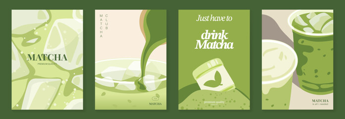 Fototapeta premium Matcha drink poster vector set with iced green tea, creamy soft serve topping and pastel cafe design. Suitable for beverage menu, wall art, cafe promotion and packaging.