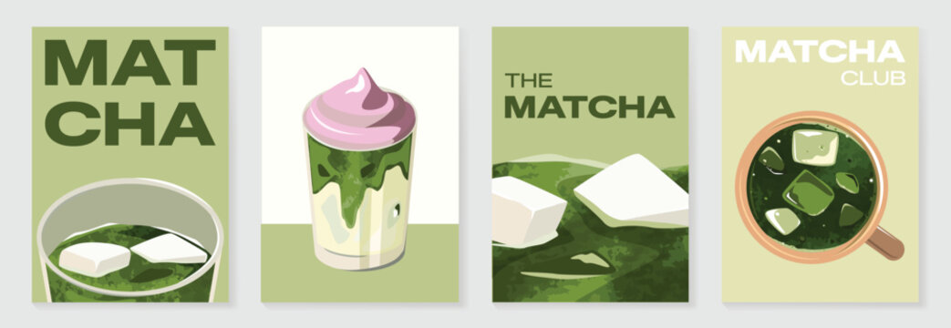 Matcha drink poster vector set with iced green tea, creamy soft serve topping and pastel cafe design. Suitable for beverage menu, wall art, cafe promotion and packaging.