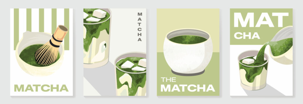 Matcha poster vector set with green tea cup, whisk, teapot and iced drink in retro pastel design. Suitable for cafe menu, wall art, beverage promotion and packaging.