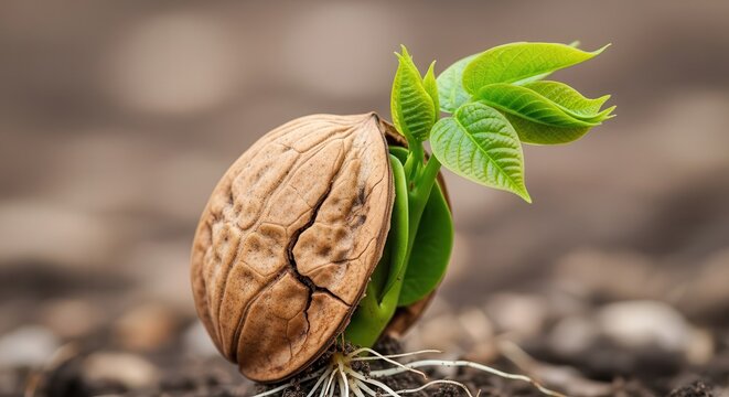 Small walnut sprout emerges from a cracked shell in the fertile soil.