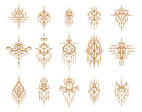 Sacred oriental thai symbols and embellishment decorations. Vector gold talisman, tattoo or mystic amulet isolated symbols set with ancient thai geometric pattern and sacred oriental elements