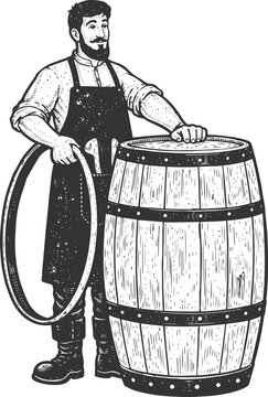 Cooper Making Wooden Barrel Vintage Engraving Craftsmanship Illustration