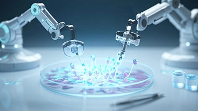 Robotic arms manipulate glowing particles on a petri dish in a laboratory setting, showcasing advanced technology and precision in scientific experimentation