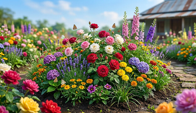 Lush Country Garden with Blooming Roses, Lavender, and Hydrangeas in Front of a Rustic Farmhouse