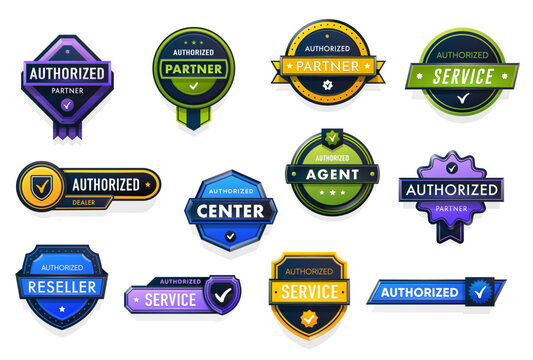 Official mark labels, authorized dealer seller and distributor seals. Vector color shield and round stickers with checks marks and ribbons for certified business, authorized retail company and dealer