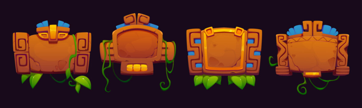 Aztec Inca Maya mexican game frame board asset, vector UI. Cartoon brown rock game frame boards and signs with green vines and leaves of liana plants, stone texture and ancient aztec totem pattern