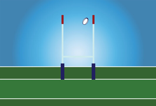 Rugby ball is shown flying between the uprights, A successful rugby goal kick. Successful Conversion Kick in Rugby.&nbsp;
