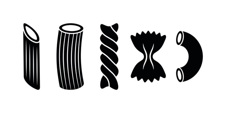 Penne pasta short tube angled ends, rigatoni pasta large ridged tubes, fusilli pasta spiral twisted shape, farfalle pasta bow tie
