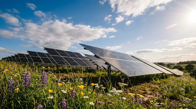 Solar panels in field with wildflowers under blue sky, Earth Day
