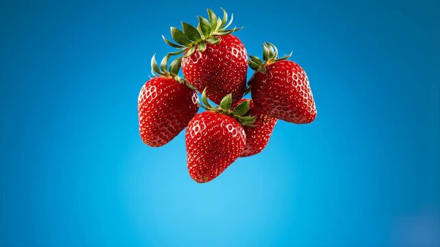 A vibrant cluster of five ripe red strawberries with green leaves floating in mid-air and slowly rotating. This realistic 3D render is set against a light, bright blue background, perfect for summer f