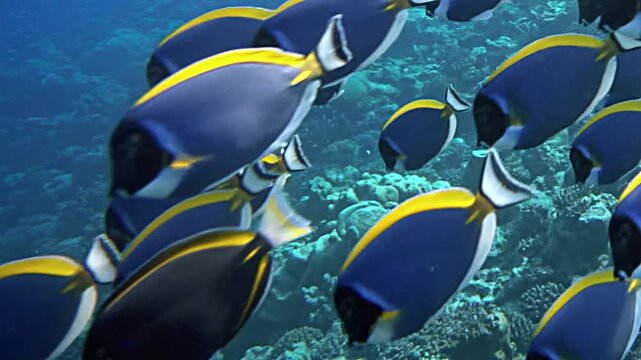 In stunning slow motion, palette surgeonfish glide gracefully through the clear blue ocean, weaving among colorful corals.