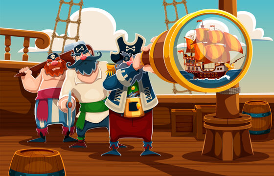 Caribbean pirates captain with spyglass on the ship deck, sailor corsair and buccaneer crew. Adventurous maritime scene with nautical characters. Cartoon vector wood galleon with sail on ocean horizon