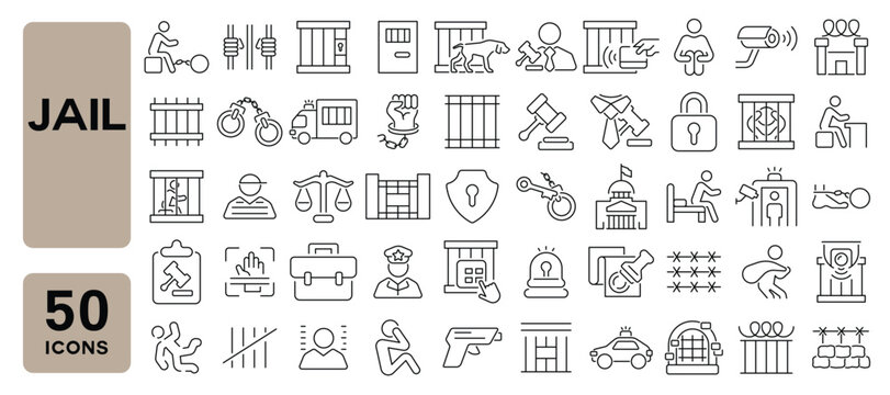 Set of 50 line icons related to jail, prison, criminal, gaol, punishment, jail door, prisoner, Editable stroke. Vector illustration
