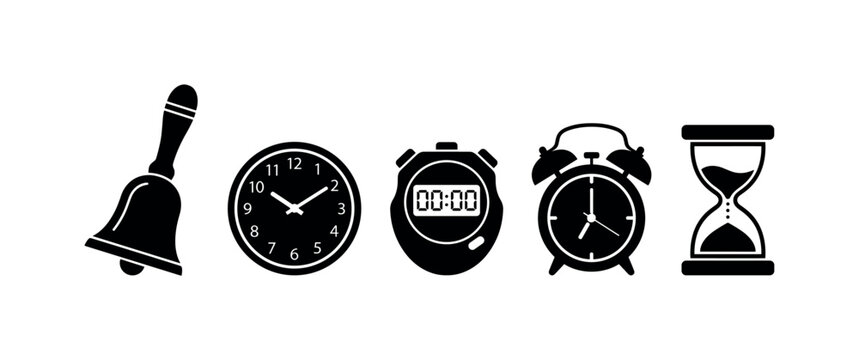 School bell hand held shape, wall clock round classroom style, stopwatch timer handheld device, alarm clock twin bell top, timer