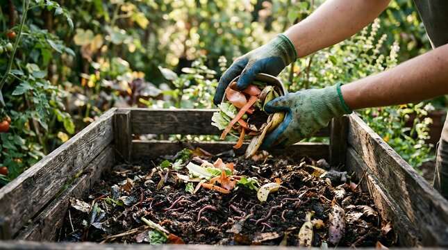 Gloved hands adding food scraps to wooden compost bin with worms, Earth Day