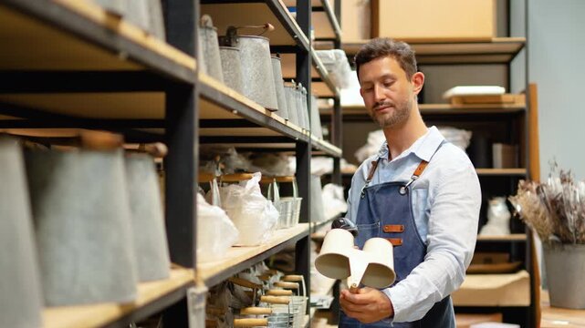 Handsome male small business owner in a blue denim apron taking inventory, scanning a ceramic mug with a barcode reader in a modern retail homeware store, then smiling warmly at the camera.