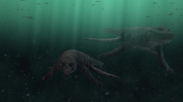 4K, 12-second animation of massive Kronosaurus pliosaurs swimming and hunting in a dark prehistoric ocean with detailed sunbeams, features other ancient marine reptiles