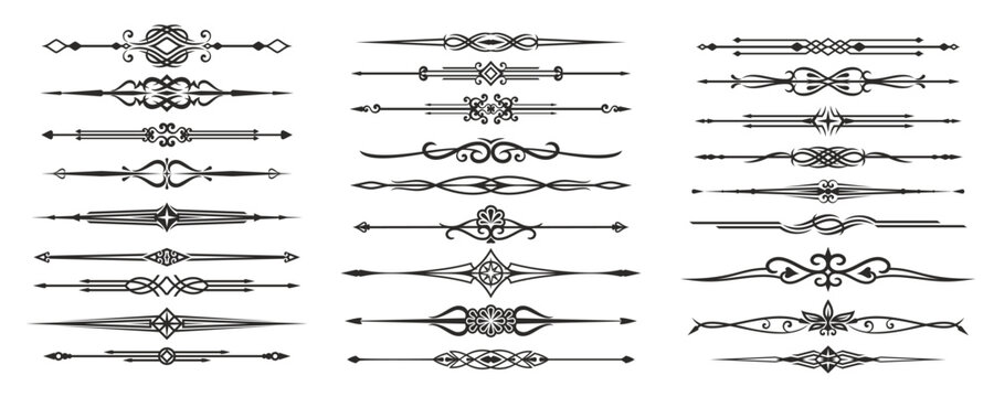 Elegant divider frame borders and separate lines with ornate calligraphic elements. Vector vintage dividers set with celtic line ornaments and tribal knot patterns of arrows, flowers and leaf scrolls