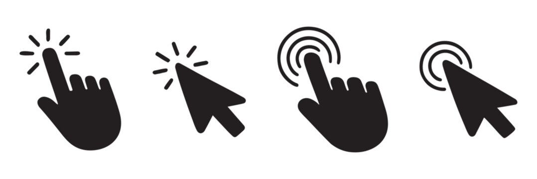 Computer cursor icon set with hand gestures and clicking mouse symbols for interface. Click cursor pixel icon. Computer mouse pointer hand logo. Arrow press symbol for internet website. Cursor pointer