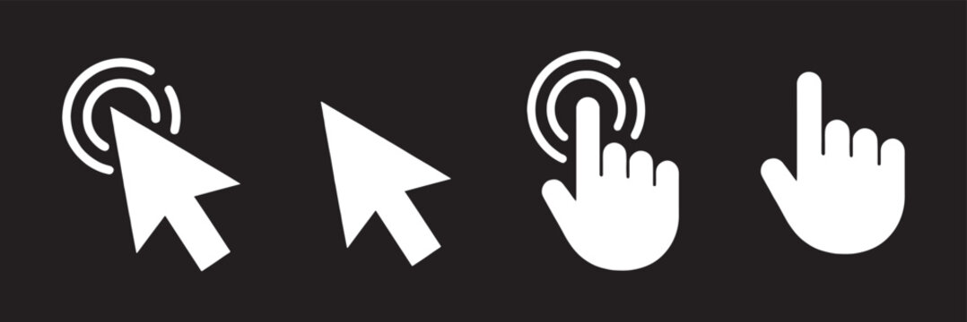 Computer cursor icon set with hand gestures and clicking mouse symbols for interface. Click cursor pixel icon. Computer mouse pointer hand logo. Arrow press symbol for internet website. Cursor pointer