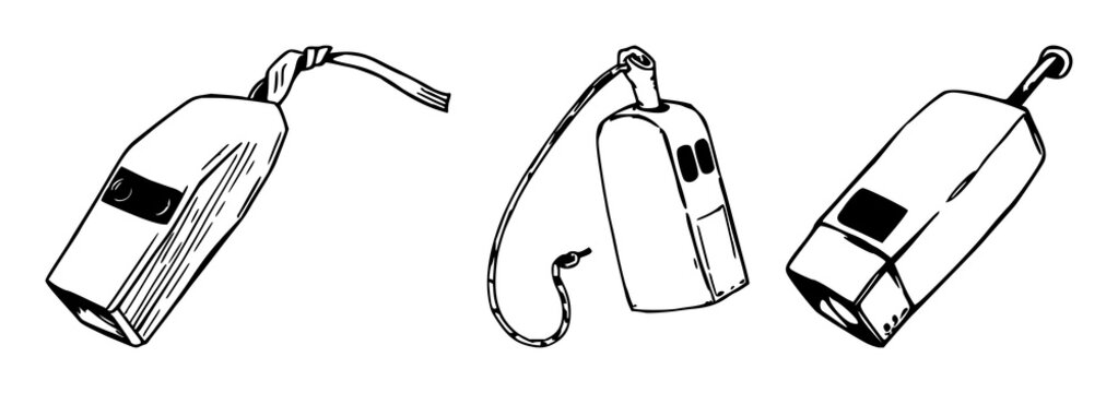 Rustic signal whistle set with hand‑drawn line art on a white background featuring rustic, simple, line art with vector and illustration
