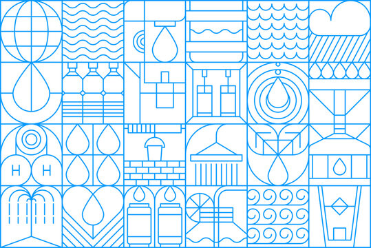 Abstract water geometric pattern. Blue geometric pattern with waves, rippling seas, and raindrops. Minimalist vector elements including bottles, glasses, ice cubes for World Water Day campaign