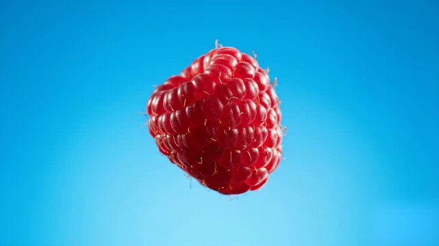 A fresh, detailed red raspberry floating in mid-air and slowly rotating. This realistic 3D render is set against a light blue background, perfect for summer food and beverage concepts.
