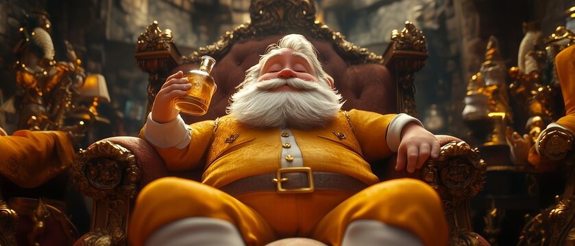 A king seated on a throne, holding a drink. Illustration on the theme of fairy tales and fantasy, comics, and characters.