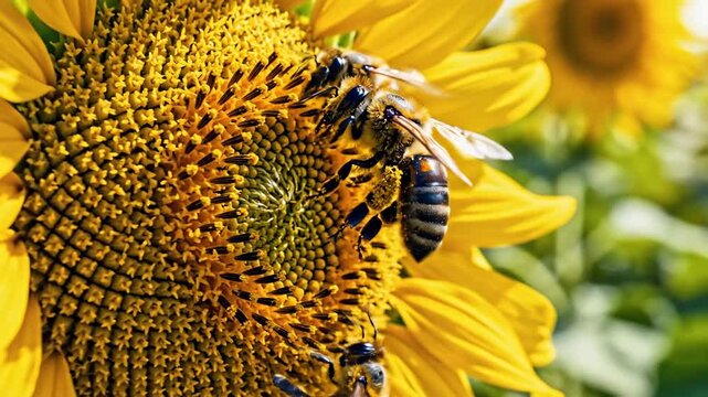 Busy Bees Collect Pollen from Bright Sunflower