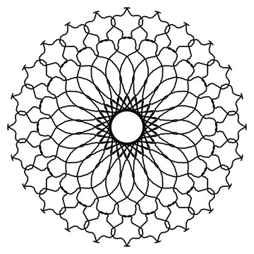 Black ornamental spirograph mandala pattern, intricate circular geometric line art, abstract floral symmetry vector design for backgrounds, tattoos, logos, and decorative elements.